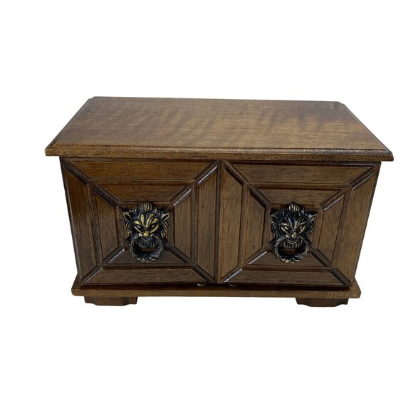 Vintage Wooden Jewelry Box With Lion Head Pulls & Hidden Compartments - Picture 1 of 8